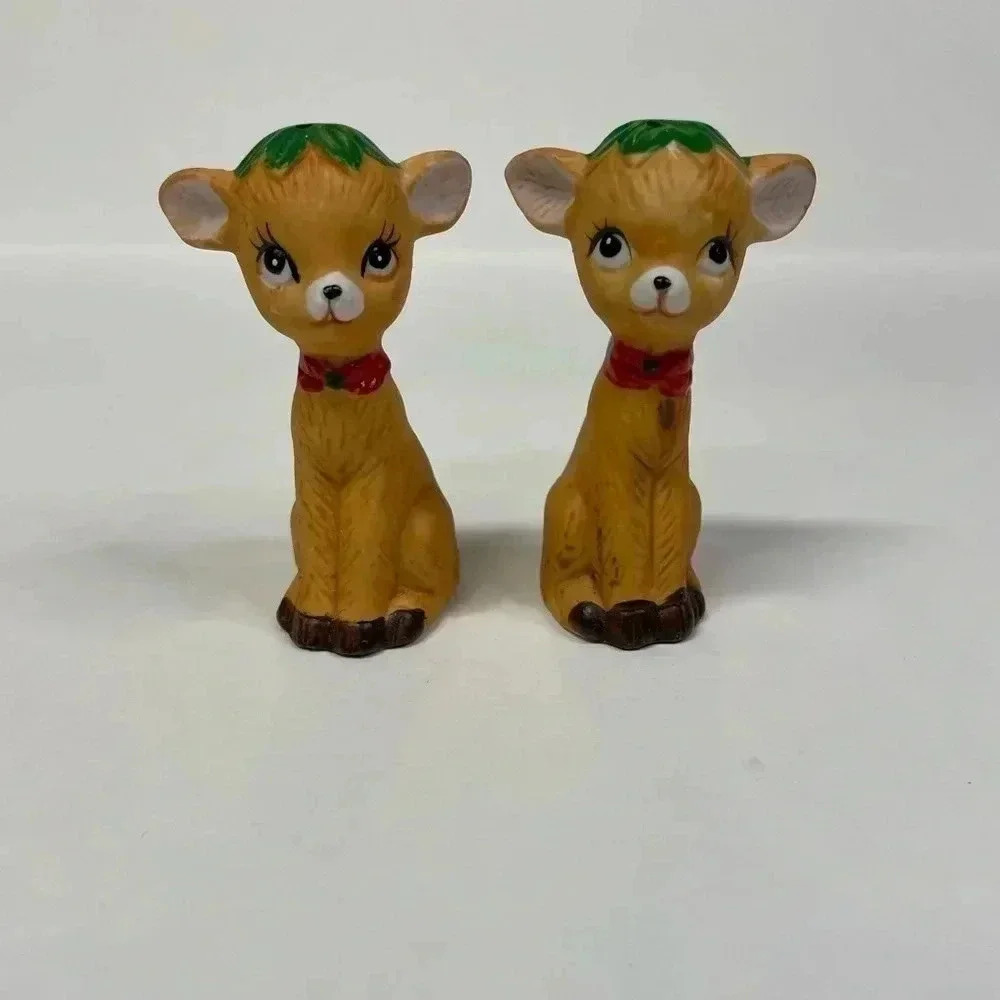 Vintage Deer Salt and Pepper Shakers Ceramic Fawn Figurines Taiwan Mid Century